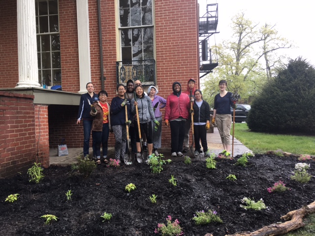 Students at the completed pollinator garden