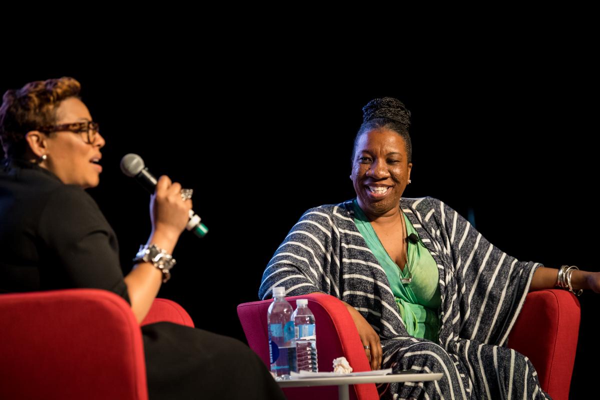 Keynote speaker Tarana Burke on stage during her interview