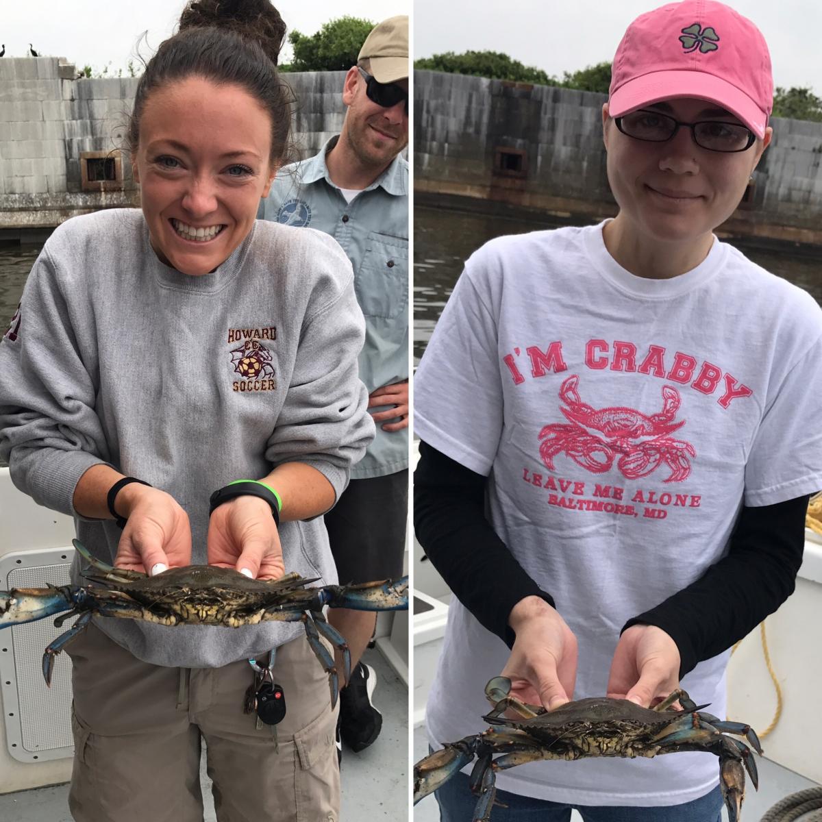 Students hold the crab they caught
