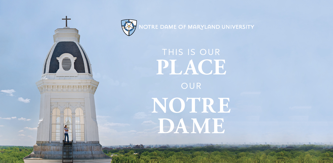 Photo of Gibbons steeple with the words "This is out place. Out Notre Dame."