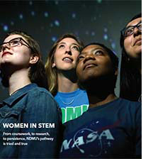 Universitas 2018 cover with four women looking upward and the words "Women in STEM"