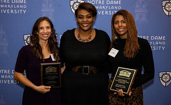 Qiana Smith-Gabriel ’06 and Kimberly Myers ’09 with NDMU AD Dr. Ashley Hodges