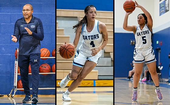 From left to right, action shots of head coach Kalin Wynn, Daija Fitchett and Alexis Durham