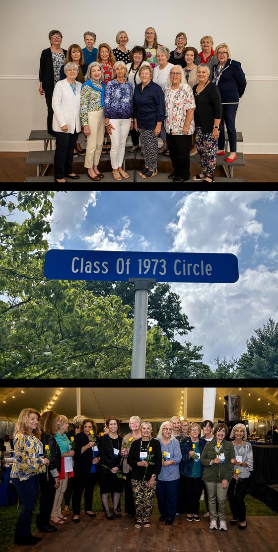 Group photos of the Class of 1973 and their street sign