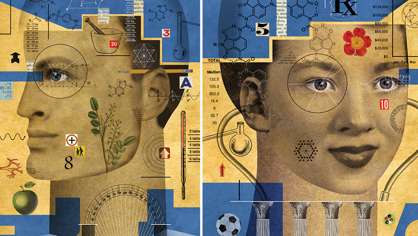 man and woman illustration with symbols relating to academic and student life