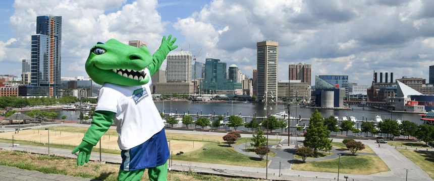 Gabby the Gator in front of the Baltimore skyline