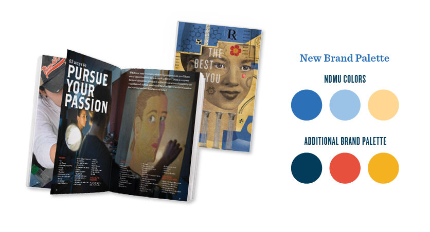 viewbook example that shows new brand look and new color palette adding navy, red, and yellow